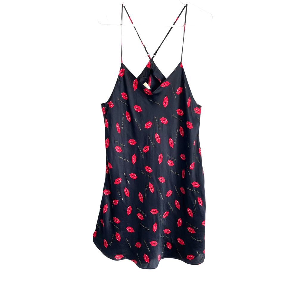 Intimate Style 100% Silk Slip Dress Red Black Lips Knee Length Halter 1X y2k